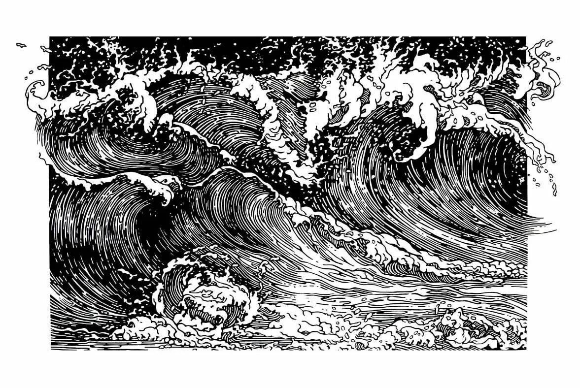 Огонь тушью. Вода графика тушью. Пейзаж графика линогравюра. Море стилизация. Графика тушью.