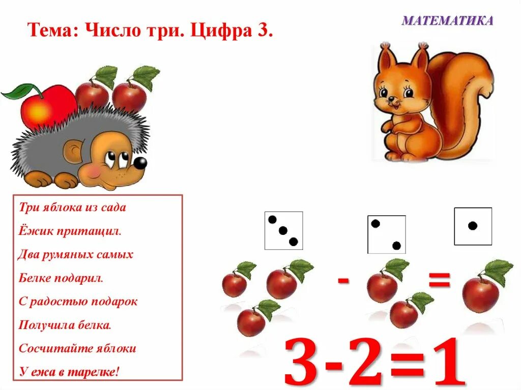 Образование числа 3. Три яблока из сада Ежик притащил самое румяное белке подарил. Число 3 цифра 3. Ежик с яблоками и цифрами. 3 июня цифрами