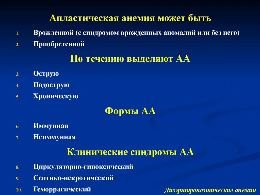 Дизэритропоэтические анемии. Апластическая хлоронемия. Формы апластической анемии:. Приобретенная апластическая анемия.