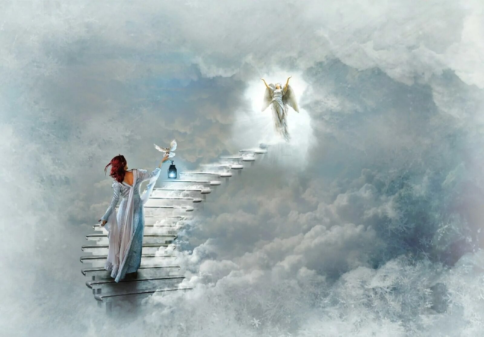 Шагающий в небесах. Лестница в небо. Лестница к Богу. Небесные ангелы. Ангел в небесах.
