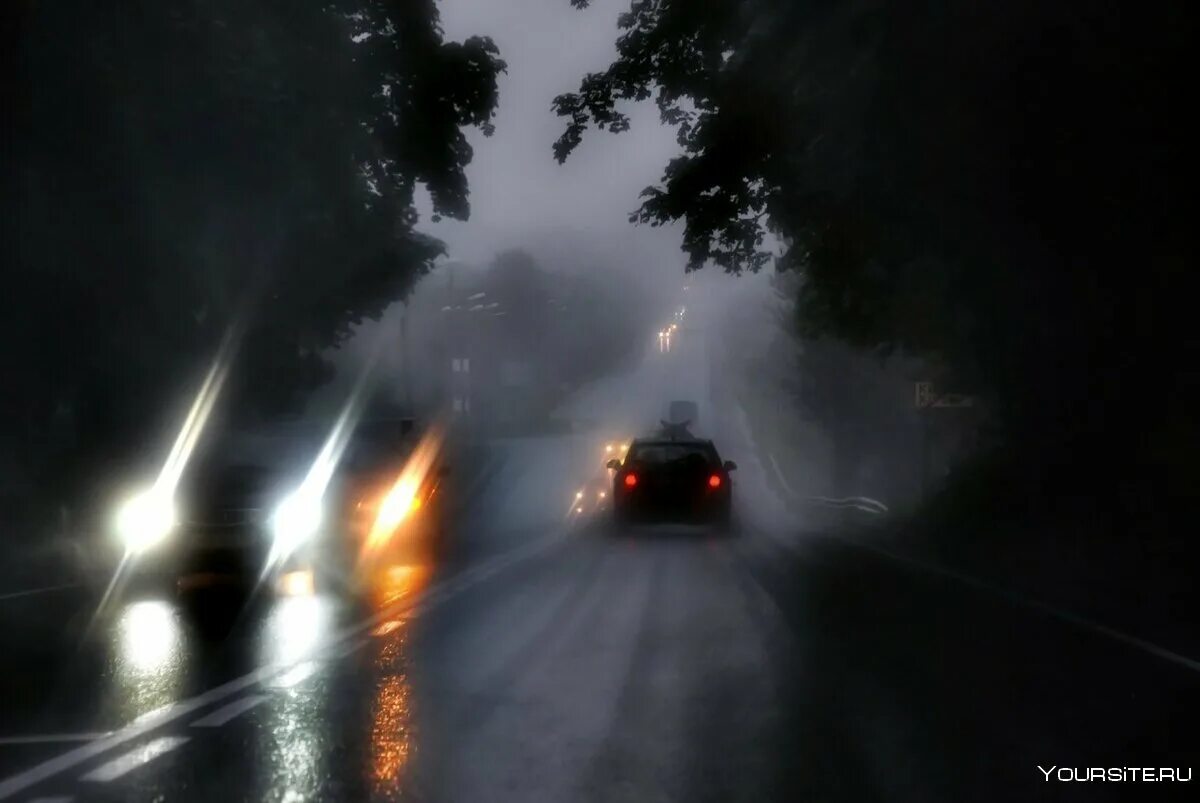 В темное время суток скорость встречного. Плохая видимость на дороге. Ливень на дороге. Дорога туман ночь. Машина едет в тумане.