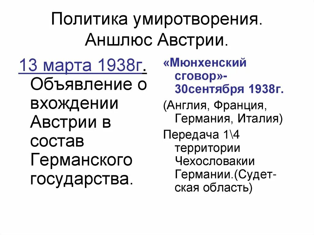 30 Сентября 1938 Мюнхенский сговор. Мюнхенское соглашение – 30 сентября 1938. Политика умиротворения страны. Аншлюс Австрии и Мюнхенский сговор.