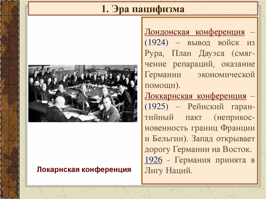 12 международные отношения в 1930 е гг. Эра пацифизма в 1920-е годы. эра пацифизма рейнский пакт. лондонская конференция 1924. международные отношения в 1920-е годы.