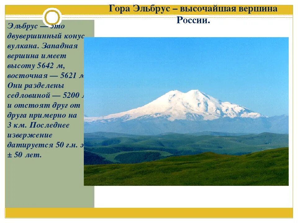 Где находится эльбрус 5 класс. Гора Эльбрус вулкан. Стратовулкан Эльбрус. Сообщение о вулкане Эльбрус. Вулкан Эльбрус сопка на карте.