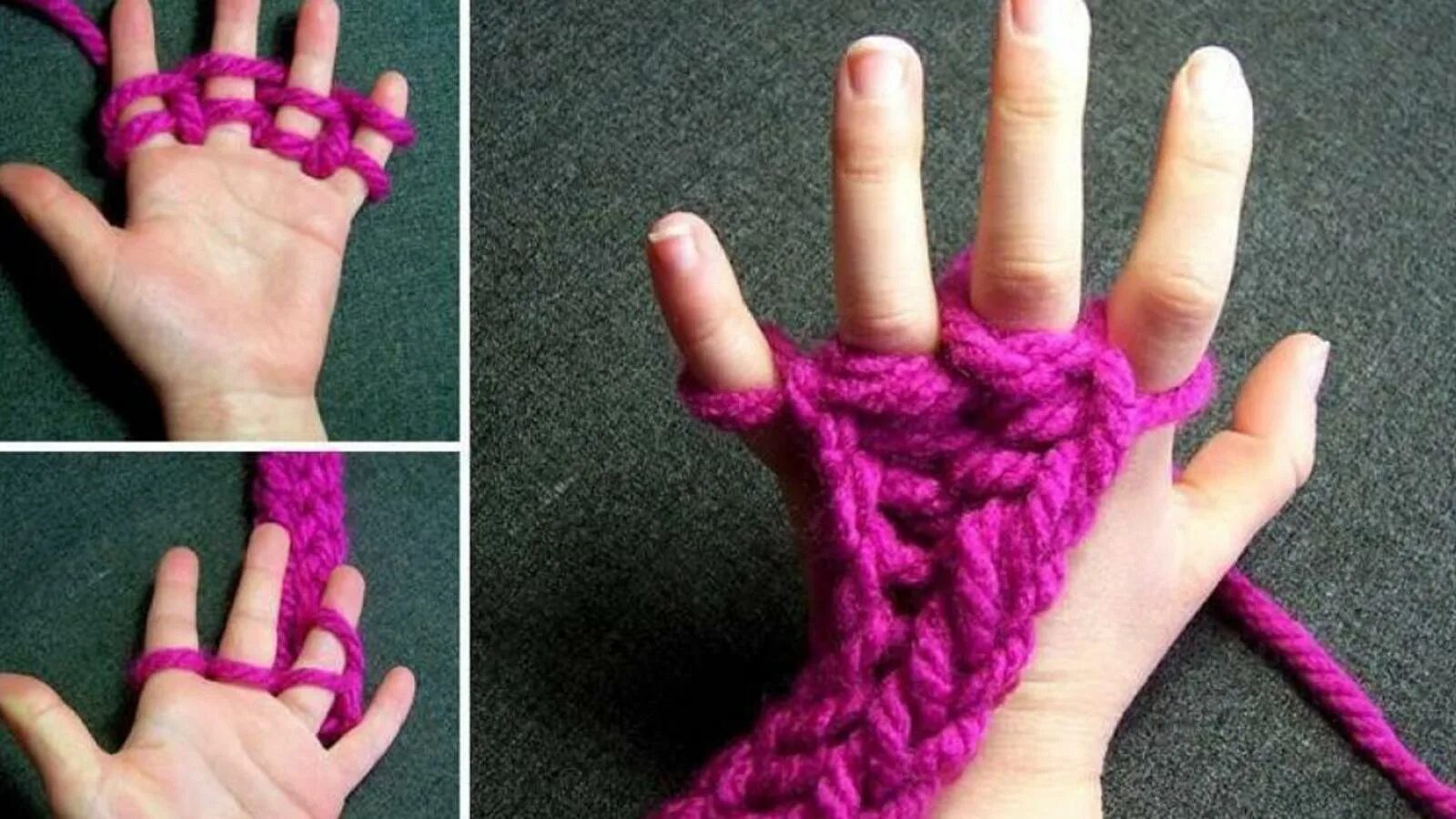 Вязание на пальцах. Плетение пальцами из пряжи. Вязание на пальцах без спиц. Шарф из пряжи на пальцах.