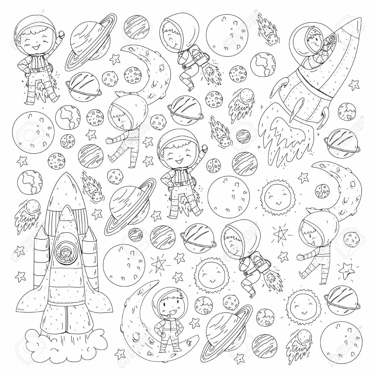 Космос распечатать бесплатно формат а4 Coloring Page Outline Of a cartoon rocket with astronaut in space. Coloring book