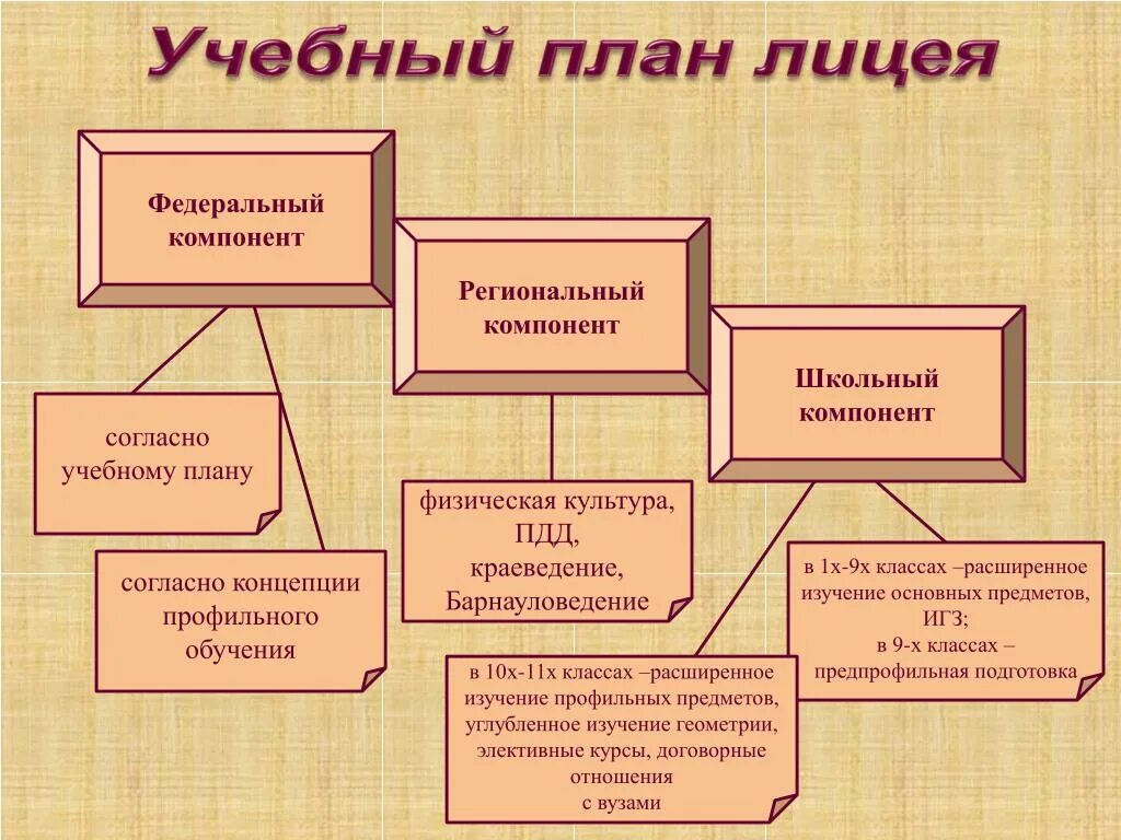 Основные элементы образовательной организации. Школьный компонент учебного плана. Региональный компонент учебного плана. Основные компоненты учебного плана. Федеральный компонент учебного плана.