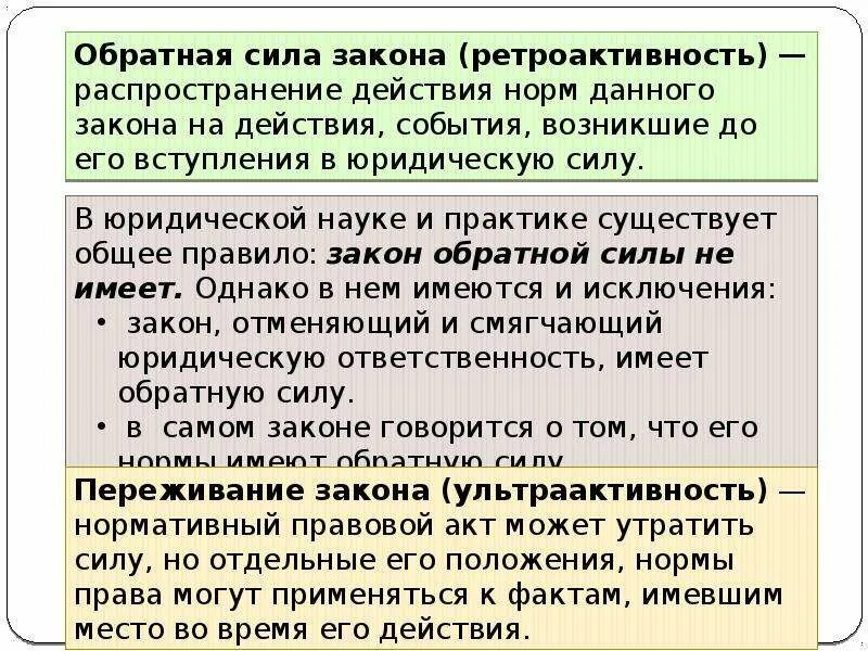 Нормативные правовые акты обратную силу. Закон обратной силы не имеет. Обратная сила гражданско правового акта. С какого момента действуют нормативно-правовые акты. Действие правовых актов во времени.