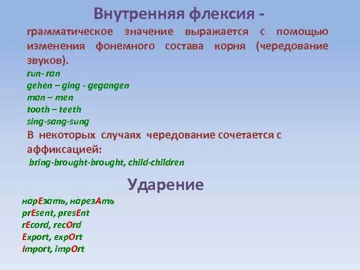 Внутренняя флексия это в языкознании. Внутренняя флексия примеры. Внутренняя флексия в английском.