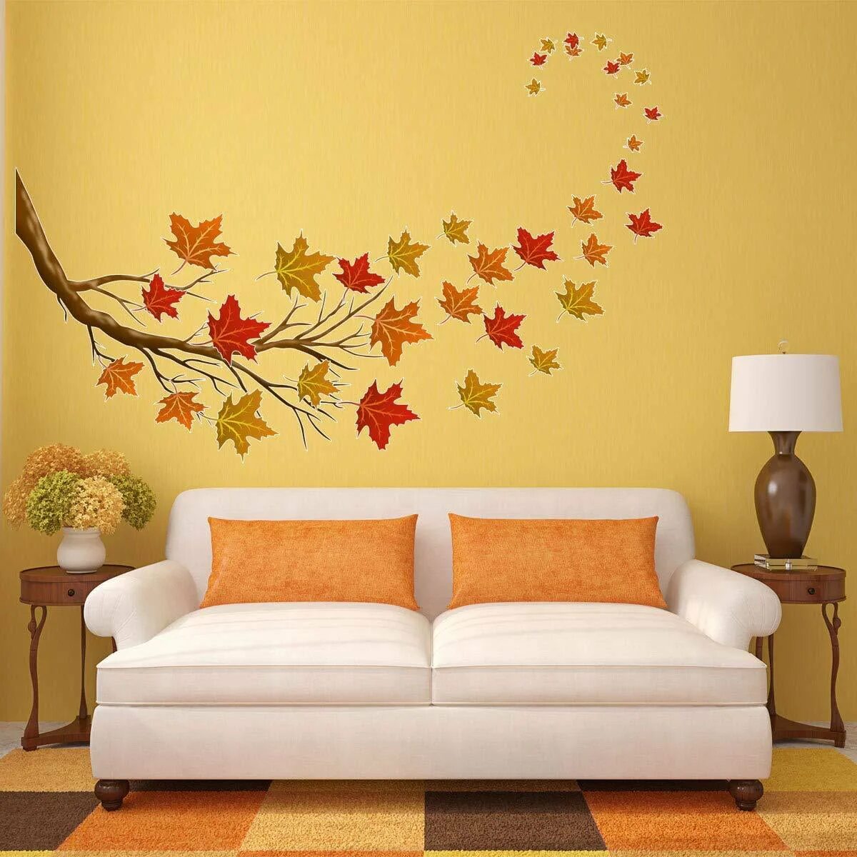 Wall fall. Фотообои осень на стену. Наклейки интерьерные осенние. Осенние листья в интерьере. Осеннее оформление стены.