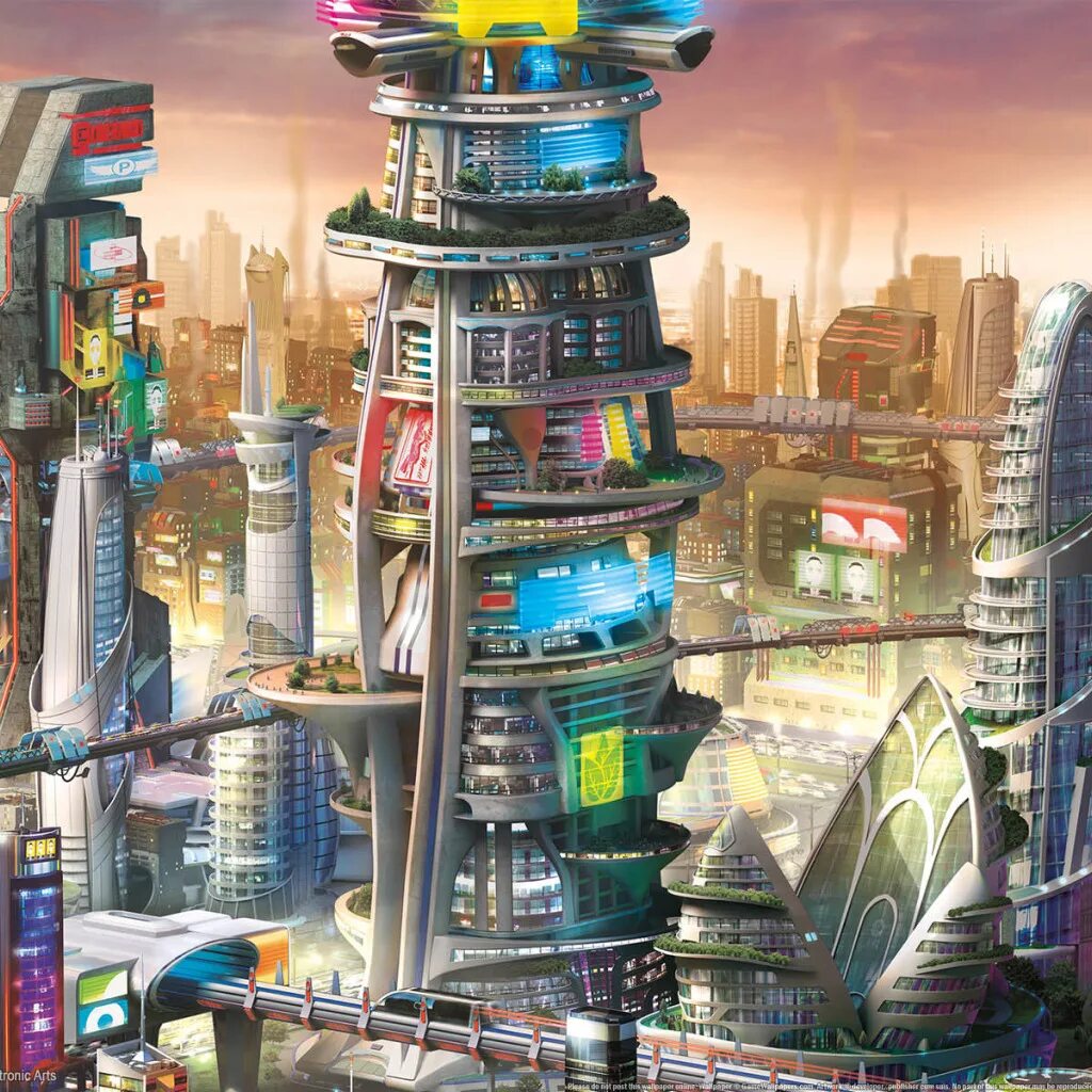 Купить будущие. Симсити 5 киберпанк. Мегабашня киберпанк. SIMCITY Cities of tomorrow. SIMCITY города будущего.