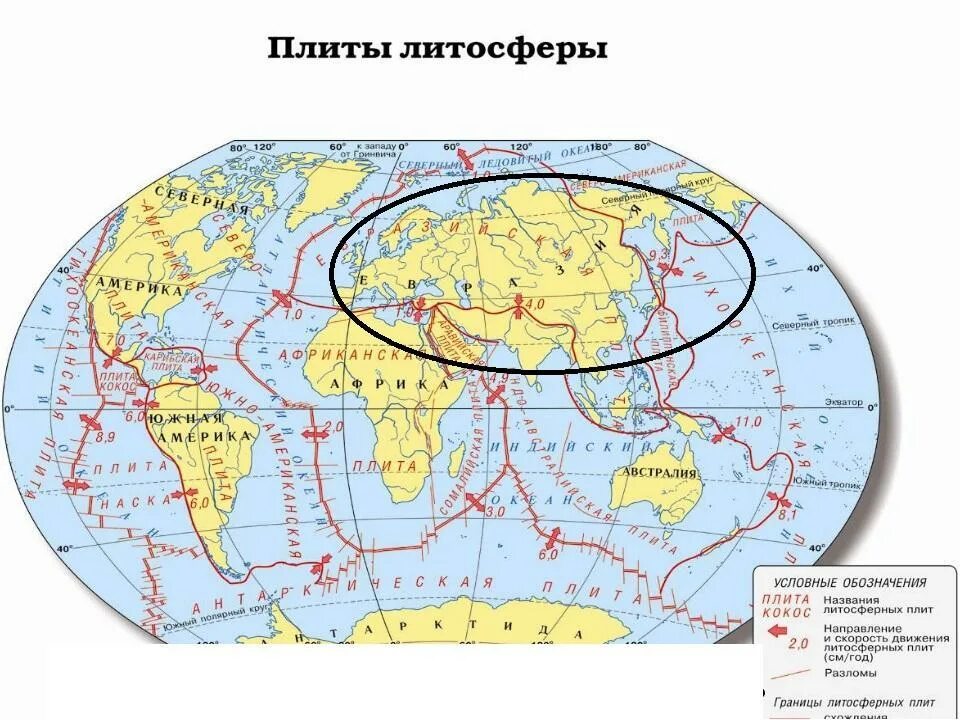 Какие платформы лежат в основании евразии. Литосферные плиты Евразии. Карта границы литосферных плит география 5 класс. Границы литосферных плит на контурной карте. 7 Литосферных плит на карте.