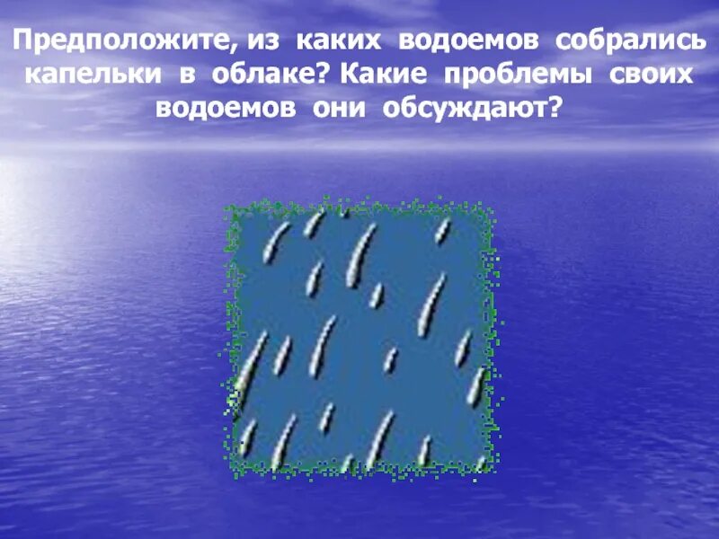 Объяснил без воды. Предположи из каких водоемов эти капельки воды объясни свой выбор. Из каких водоемов эти капельки воды. Из каких водоемов собрались капельки в облаке что они обсуждают.