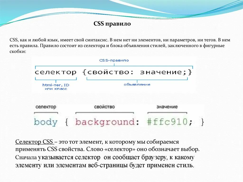 Что означает слово свойства. CSS селекторы фигурные скобки. CSS правило. Правило в html. Селектор для заголовков первого уровня и фигурные скобки.
