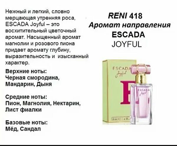 Легкий нежный аромат. Рени 418 описание аромата. Reni 100мл № 196. Reni Escada joyful. Рени 419 аромат.