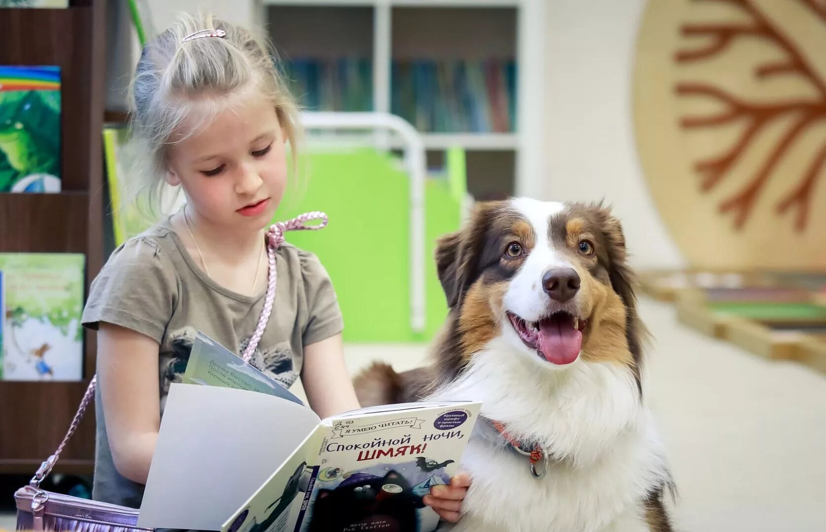 Чтение книги с собакой. Собака в библиотеке. Книжные собаки. Канистерапия с собаками. Дети читают собаке