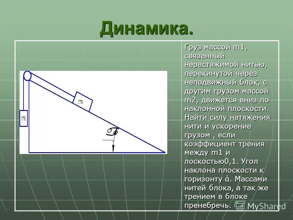 Груз на наклонной плоскости силы. Вес груза на наклонной плоскости. Сила натяжения на наклонной плоскости. Сила натяжения нерастяжимой нити. Груз массой 0 15 кг