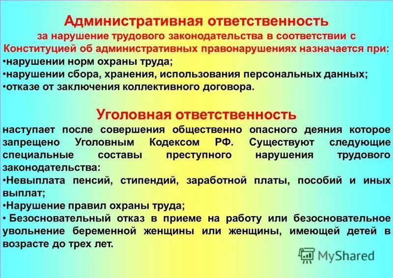 Ответственность работника за нарушение трудового законодательства. Уголовная ответственность за нарушение трудового законодательства. Административная ответственность в трудовом праве. Виды ответственности работодателя административная это. Нарушение требований трудового законодательства