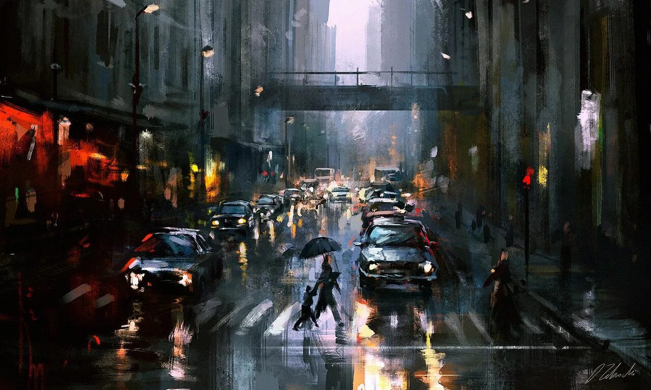 Rain town. Darek Zabrocki художник. Городской пейзаж. Дождливый пейзаж.