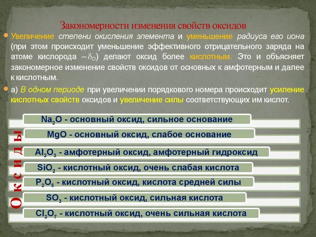 Закономерности изменения кислотно основных свойств. Изменение кислотных и основных свойств. Изменение основных свойств оксидов. Изменение кислотных свойств оксидов. Закономерности изменения свойств оксидов