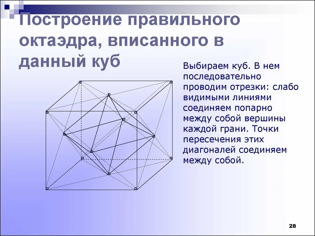 Правильный октаэдр вписан в куб. Октаэдр вписанный в куб. Построение правильных многогранников. Правильный тетраэдр вписанный в куб.