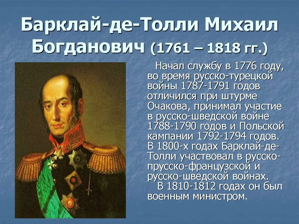 М.Б. Барклай-де-Толли (1761 - 1818). Герои Отечественной войны 1812 года Барклай де Толли. Какой полководец командовал русскими войсками 4