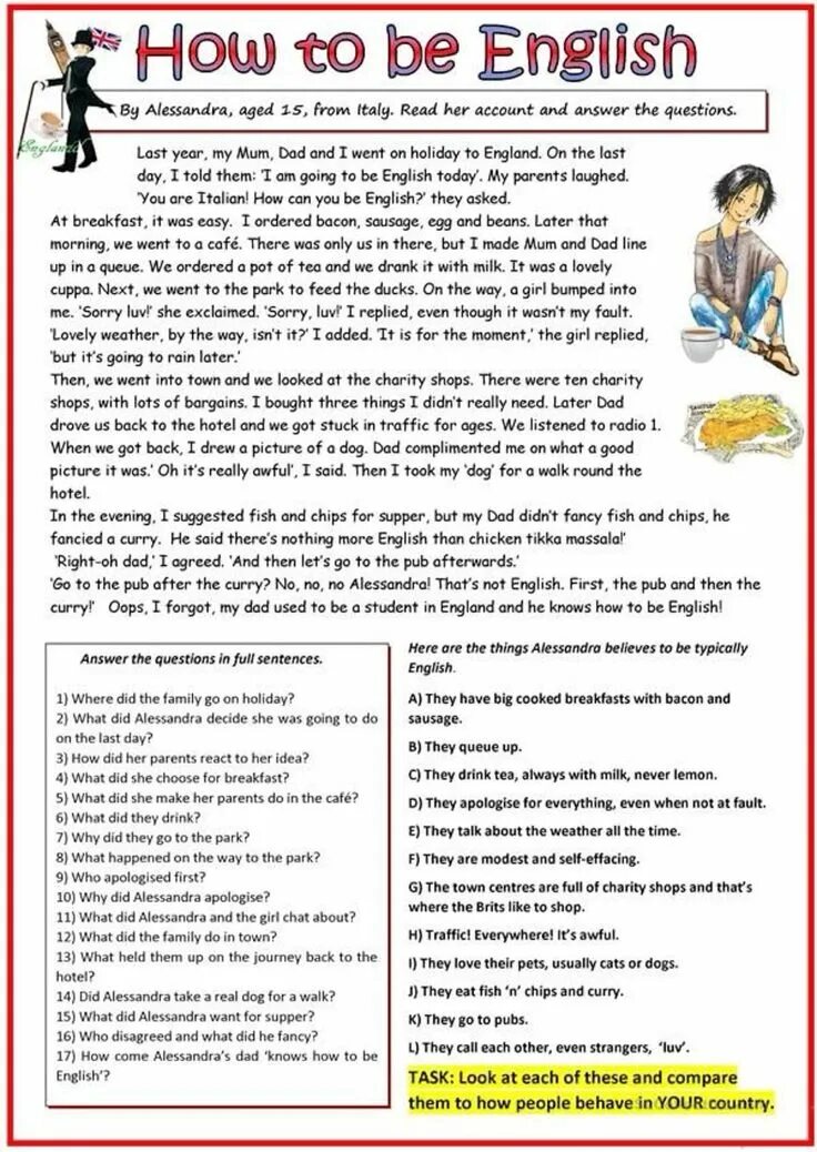 Go on reading please. To be going to reading comprehension. how to be english by alessandra aged 15 from italy. reading england. italian text.