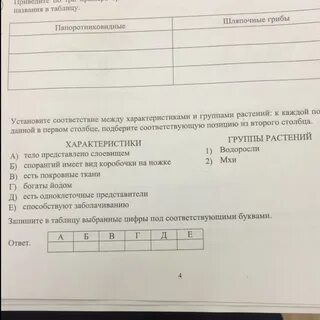 Установите характеристики между характеристиками и группами растений