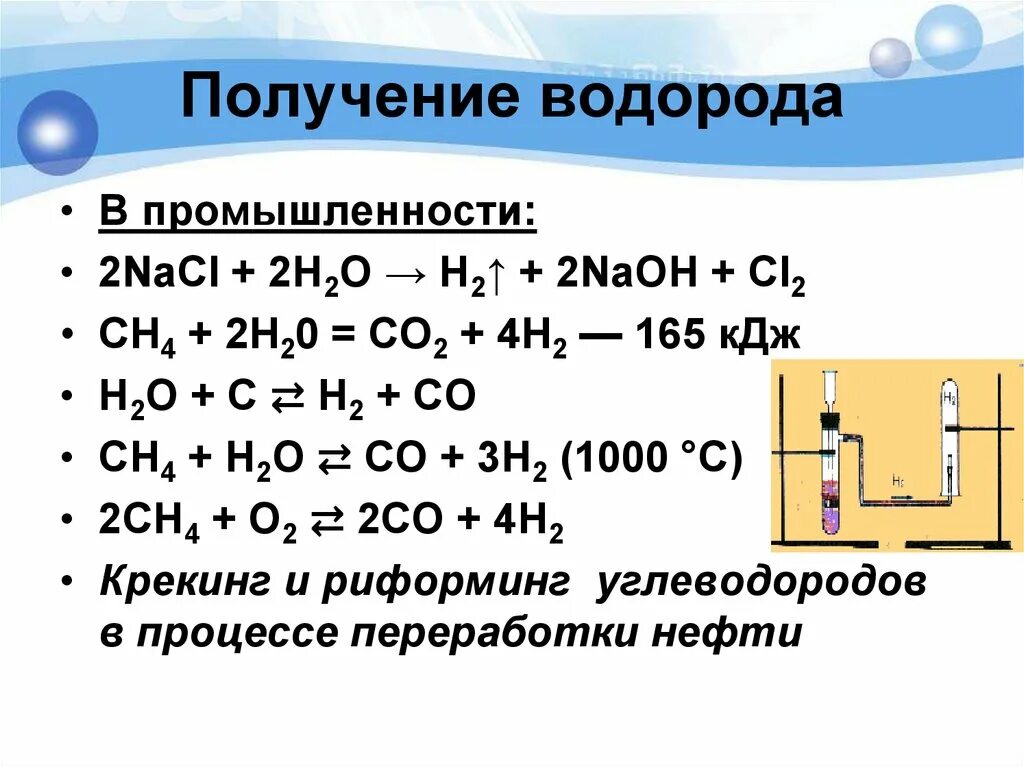 Реакции с водородом примеры. Реакции получения водорода. способы получения водорода формулы. метод получения водорода 8 класс. промышленный способ получения водорода.