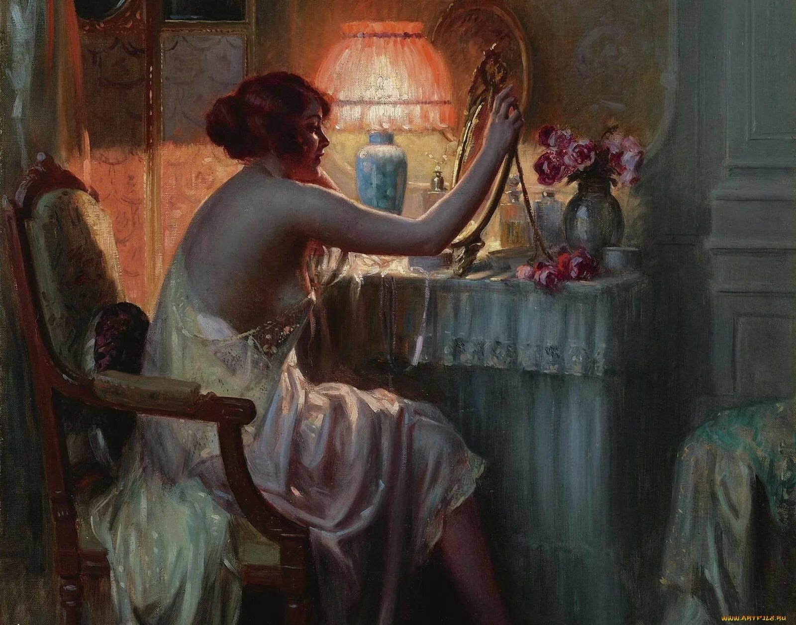 Сидит перед цветами. Дельфин Анжольра. Delphin Enjolras французский художник. Будуар 19 век.