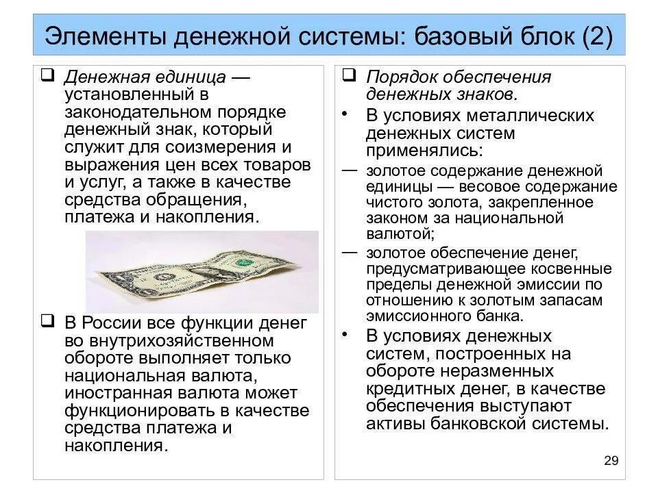 Денежная система. Элементы денежной системы. Система денег. Денежные и валютные системы. Обращение иностранной валюты