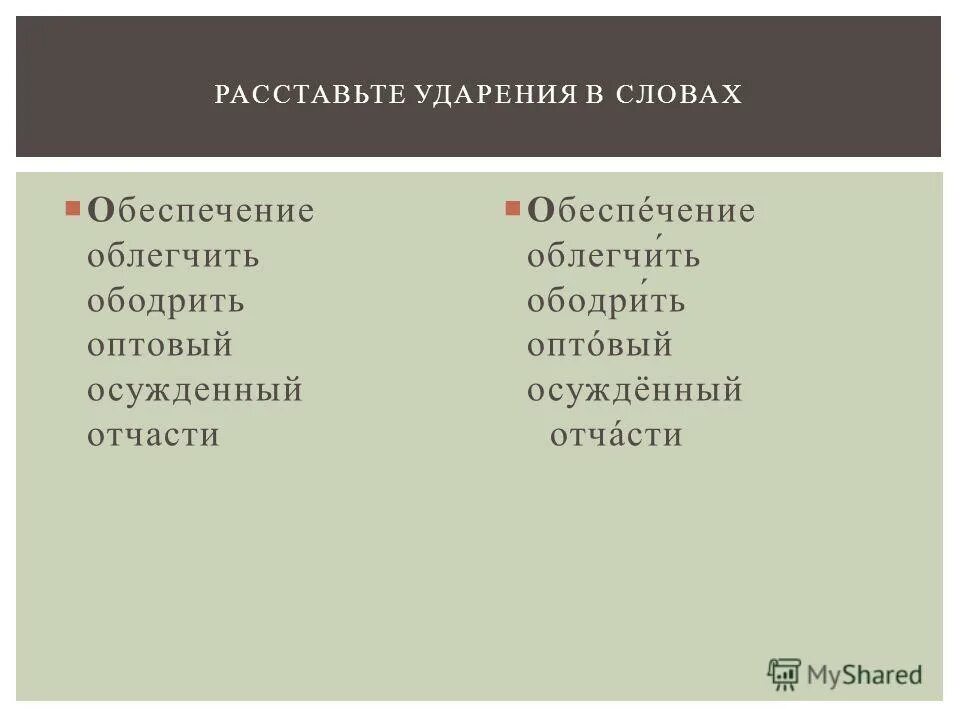 Как правильно поставить ударение облегчить