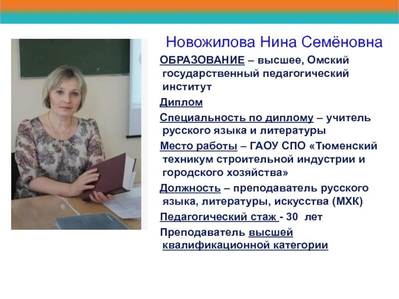 Преподаватель СПО. Учитель русского языка и литературы высшее образование.