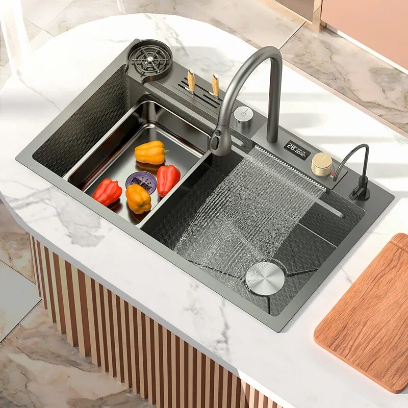Steel waterfall kitchen sink. Многофункциональная мойка с водопадом. Многофункциональная раковина. Многофункциональная мойка водопад. Steel waterfall kitchen sink.