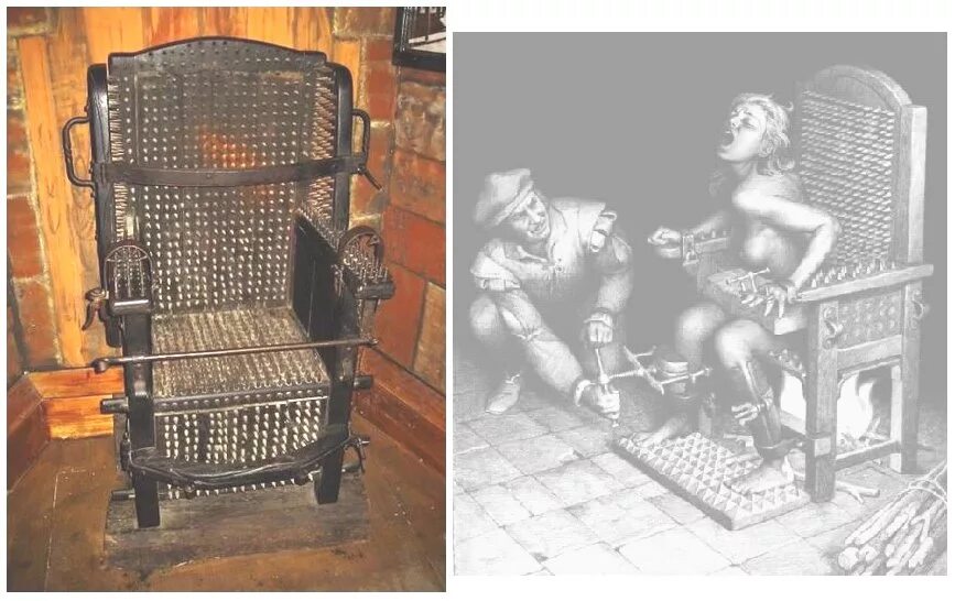 Пытка ног девушки. Пыточный стул. Пыточное кресло.