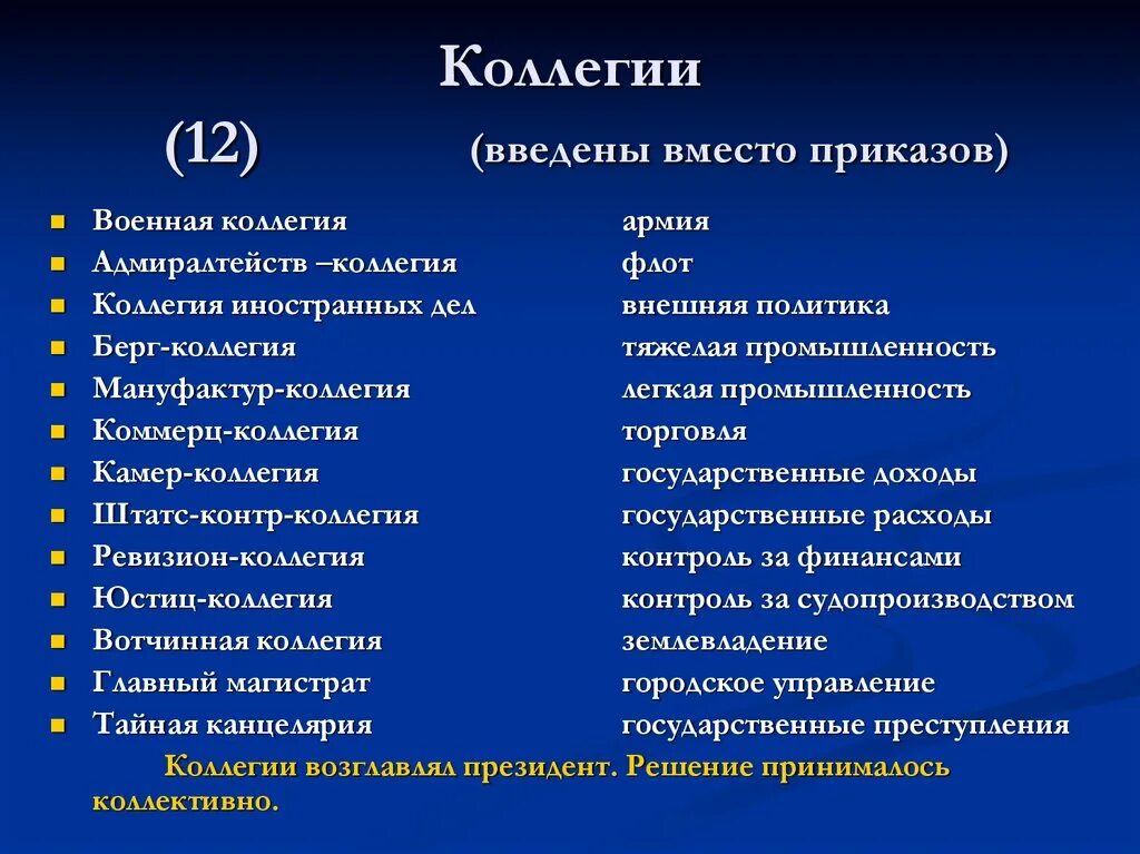 Учреждение коллегии произошло в. Коллегии вместо приказов. Коллегии таблица. Коллегии и их функции при Петре 1.