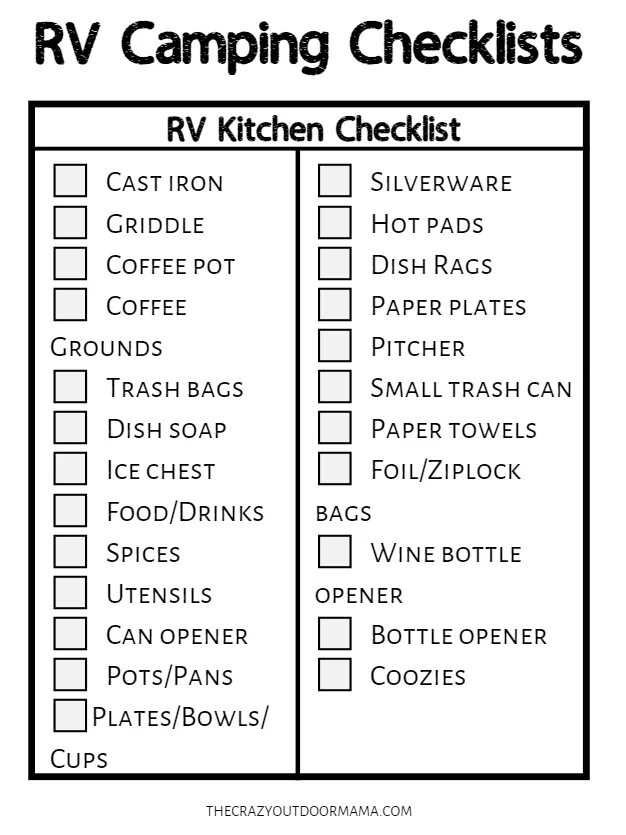 Camp list. Camp Checklist. Kitchen Checklist. RV Checklist for Packing. Checklist pdf.