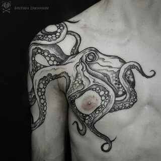 an octopus tattoo on the chest is shown in black and grey colors, with whit...