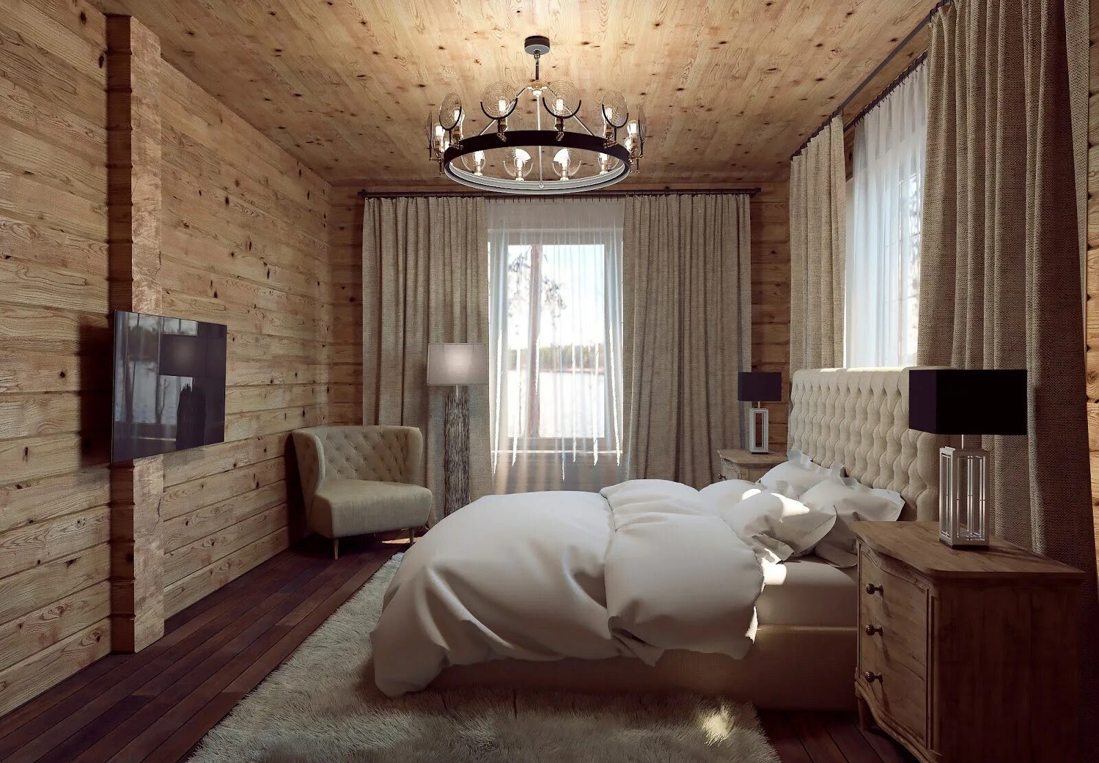 Комната из имитации бруса белая с яркими акцентами. Интерьер фахверк шале. Обстановка комнаты скромная деревянная. Кровать версаль массив. Дизайн дом из бруса с яркими акцентами.