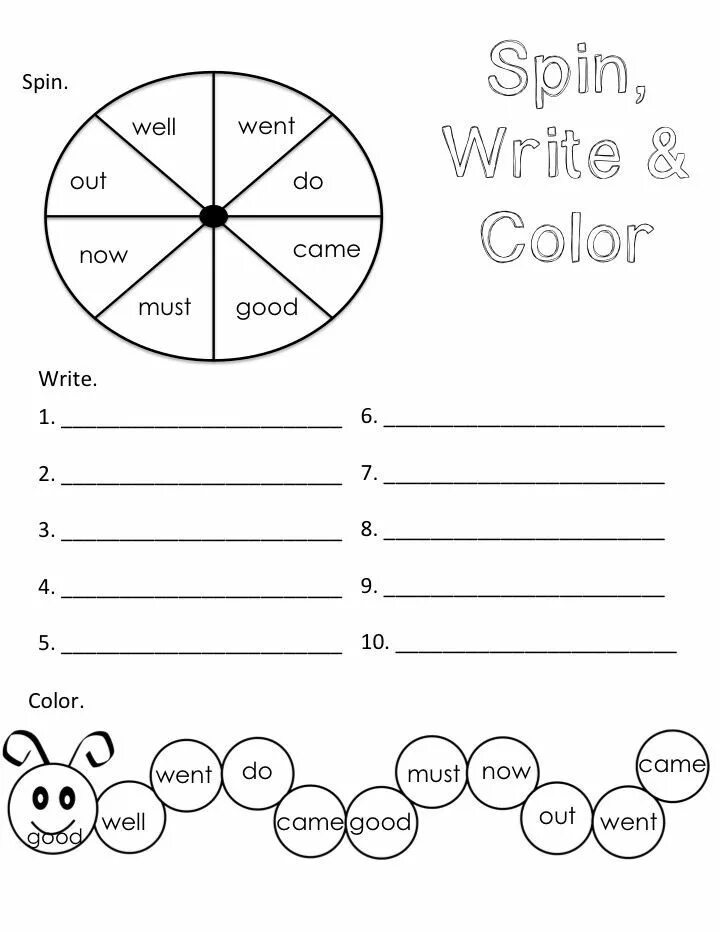 Read write and colour. Write colours. read write color. spin and write. spin the words game worksheet.