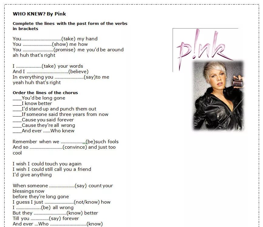 Английская песня пинк. Pink who knew. Pink who knew текст. Текст песни Pink. Pink who knew Worksheets.