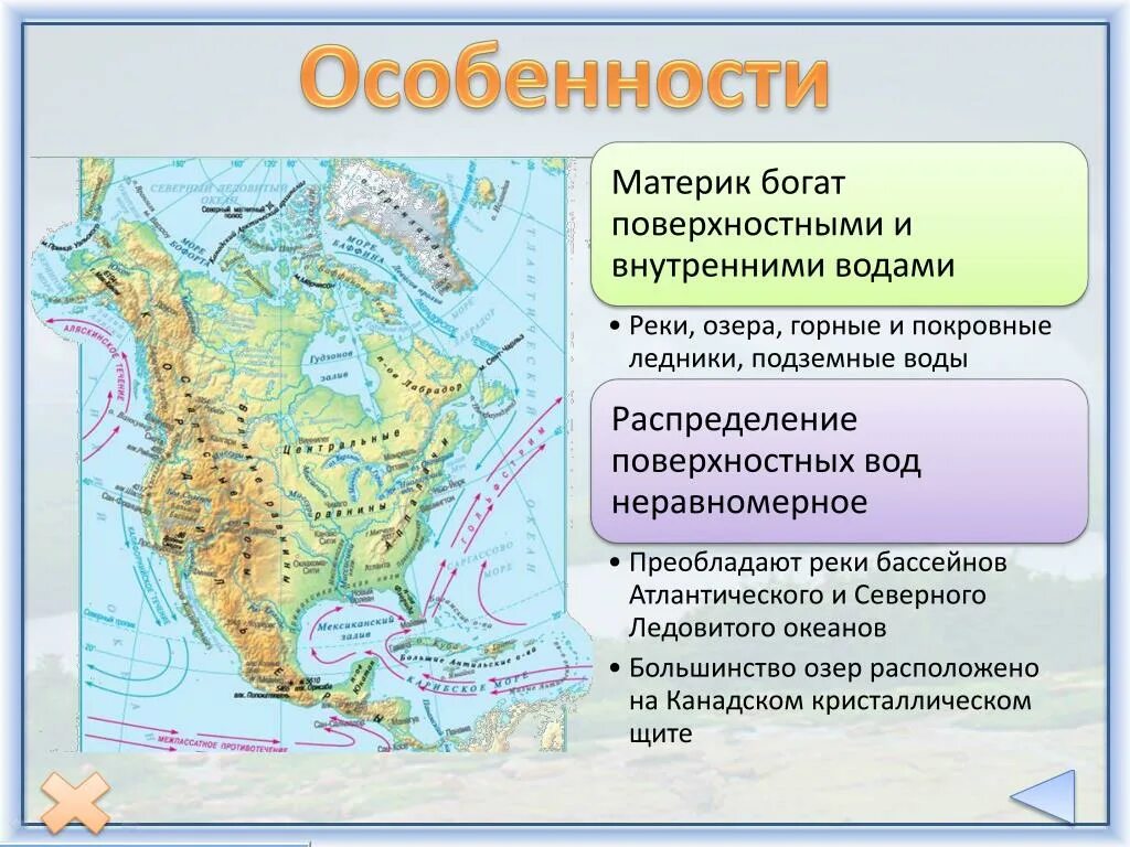 Самая крупная река на материке северная америка. Внутренние части материков. Материки особенности. Внутренние воды северных материков. Воды Северной Америки на карте.