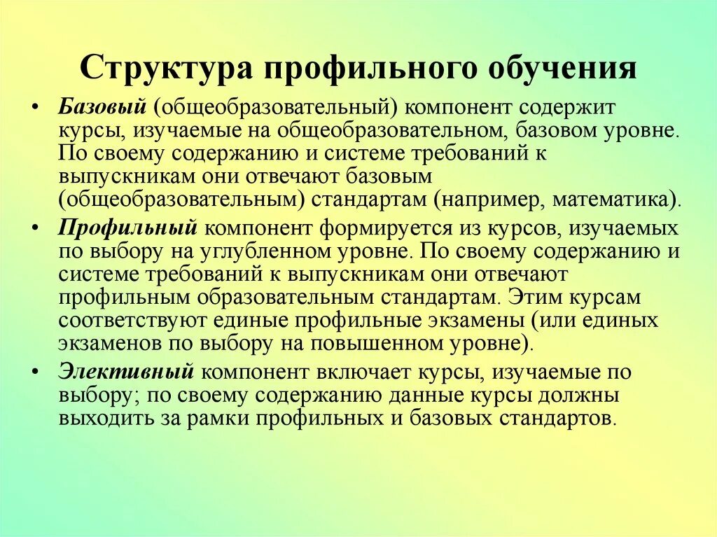 Базового профильного образования. Структура профильного обучения. Признаки профильного обучения. Введение профильного обучения. Общеобразовательный профиль обучения.