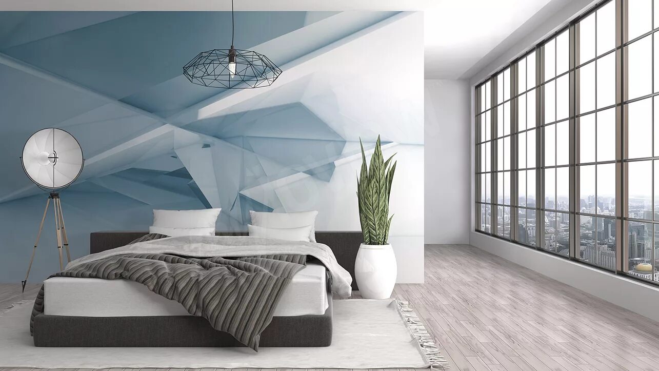 Интерьер маленькой спальни. Иллюзия пространства в интерьере. Цвета визуально увеличивающие пространство. Фотообои в интерьере спальни. Обои на стену в комнату.