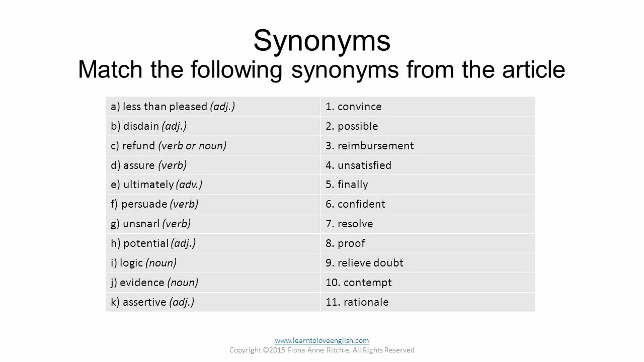 Form nouns from the words in bold. Match the synonyms. Nouns synonyms. 2. Match the following synonyms from the article. Synonym Match Match the following synonyms from the article.