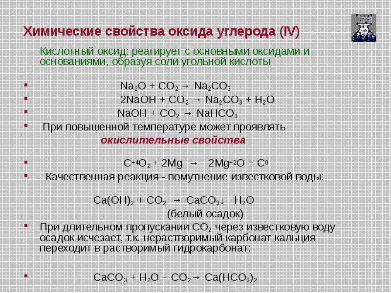 Оксид углерода 4 реагирует с какими веществами