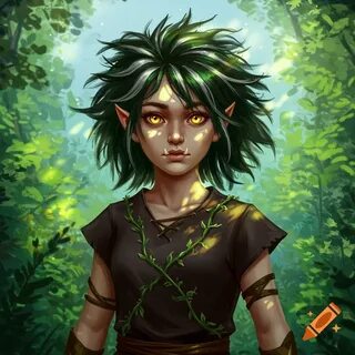 A young fantasy character, a half-elf half-orc, is in a forest with dappled...