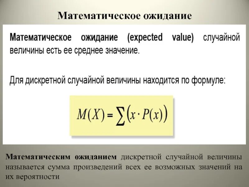 Математическое ожидание дискретной случайной величины. Мат ожидание дискретной случайной величины. Мат ожидание дискретной величины. Математическим ожиданием дискретной случайной величины называется