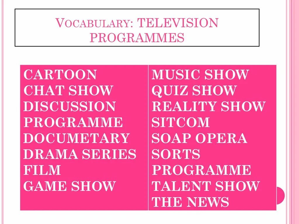 Tv programmes words. TV programs Vocabulary. Television programmes. Films and TV programmes Vocabulary. Vocabulary for TV.