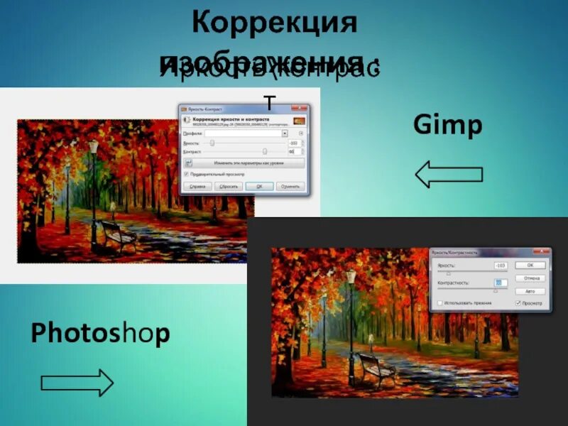 Корректировка изображения. Коррекция изображения. gimp яркость и контрастность. изображения коррекция яркости и контрастности. gimp и photoshop сравнение.